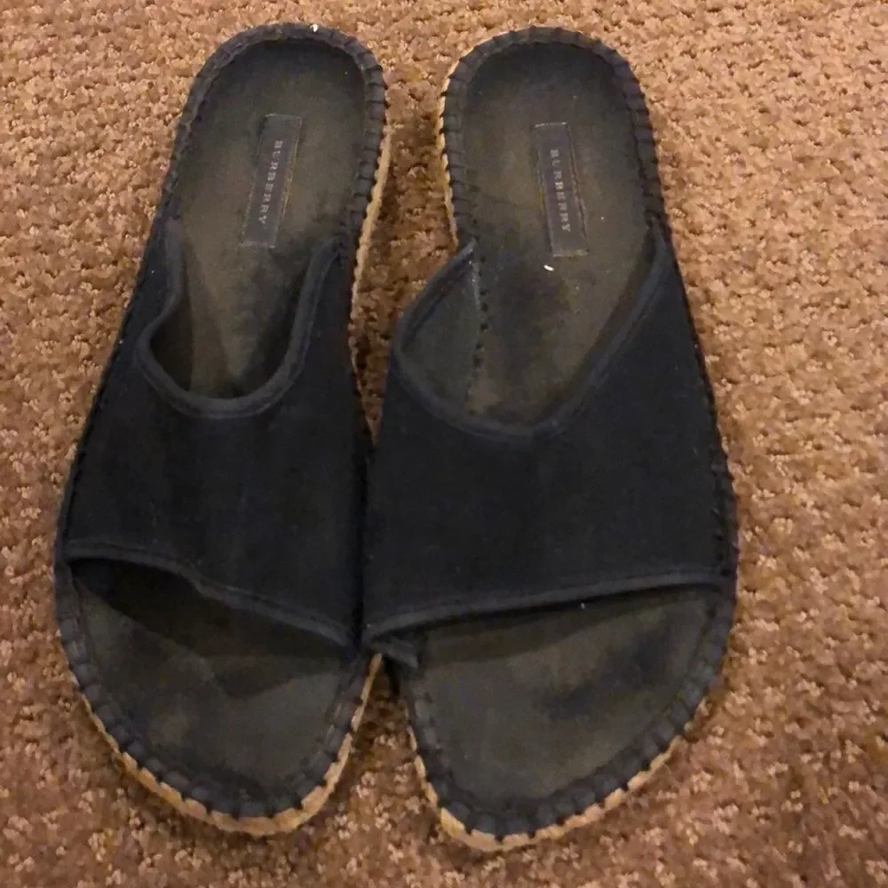 Burberry Black Espadrille Low Wedge Slide Sandals Size 8